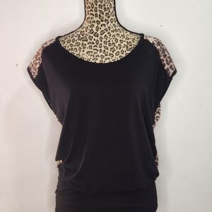 Cache Black Tunic with Leopard-Print Shoulder Accents